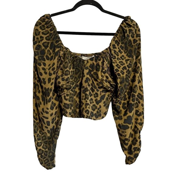 Mango MNG Leopard Animal Print Ruched Sleeve Smocked Back Top NWT Size 4 - Picture 2 of 9